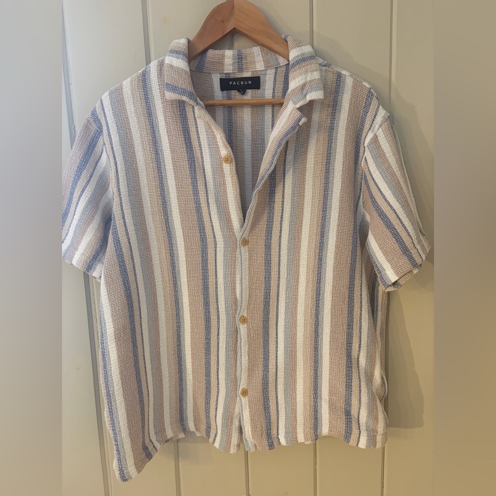 PacSun Men's Casual Striped Shirt - Blue and Cream size L beach vacation woven